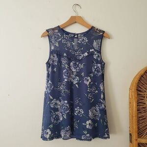 Apt. 9 Blue Floral Sleeveless Blouse Illusion Neckline Mesh Overlay S